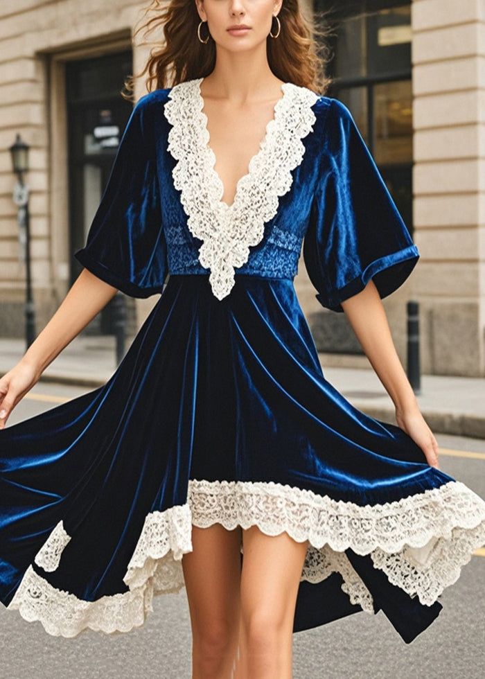 Women Navy Asymmetrical Patchwork Silk Velvet Dresses Summer