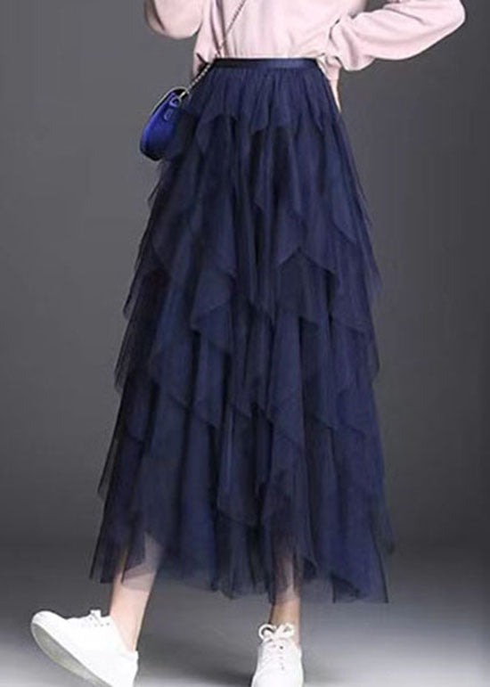 Women Navy Asymmetrical Patchwork Tulle Skirts Spring