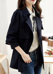 Women Navy Double Breast Pockets Patchwork Cotton Coats Fall