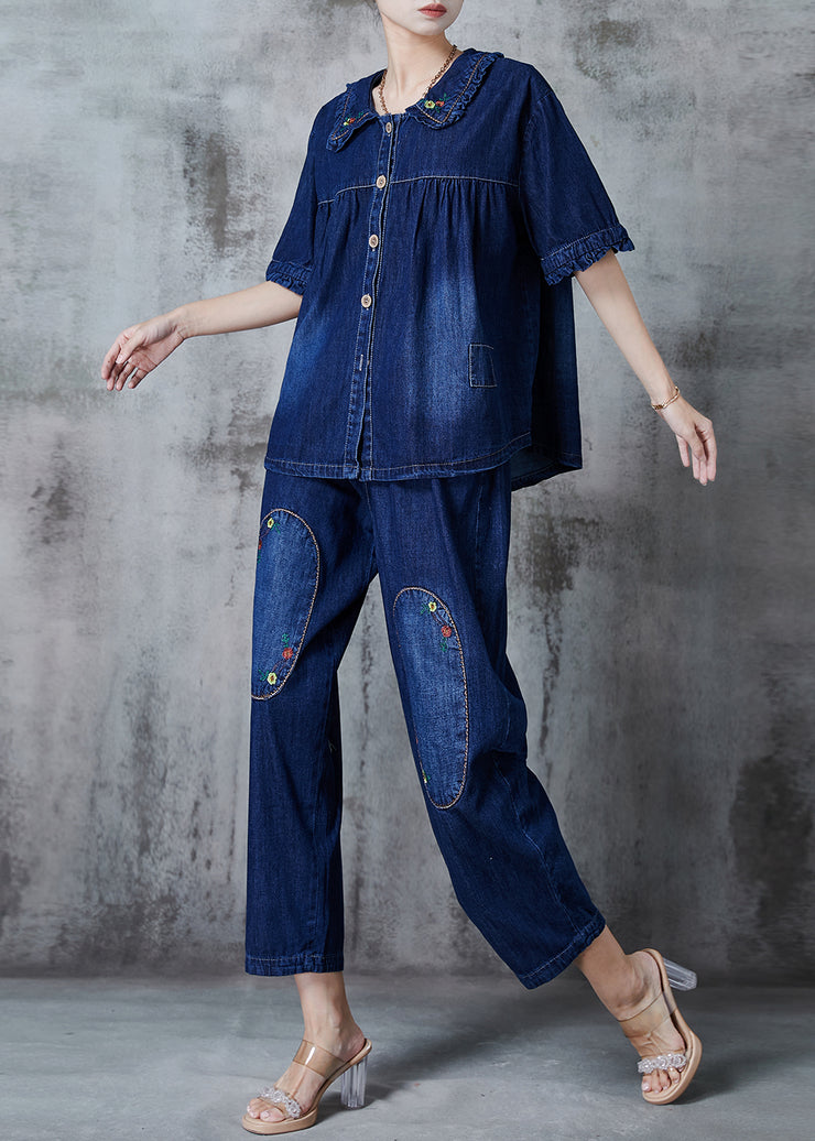 Women Navy Embroidered Patchwork Denim Two Pieces Set Summer