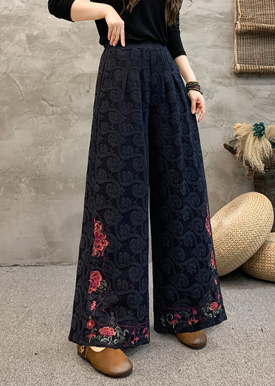 Women Navy Embroidered Pockets Cotton Wide Leg Trousers Spring