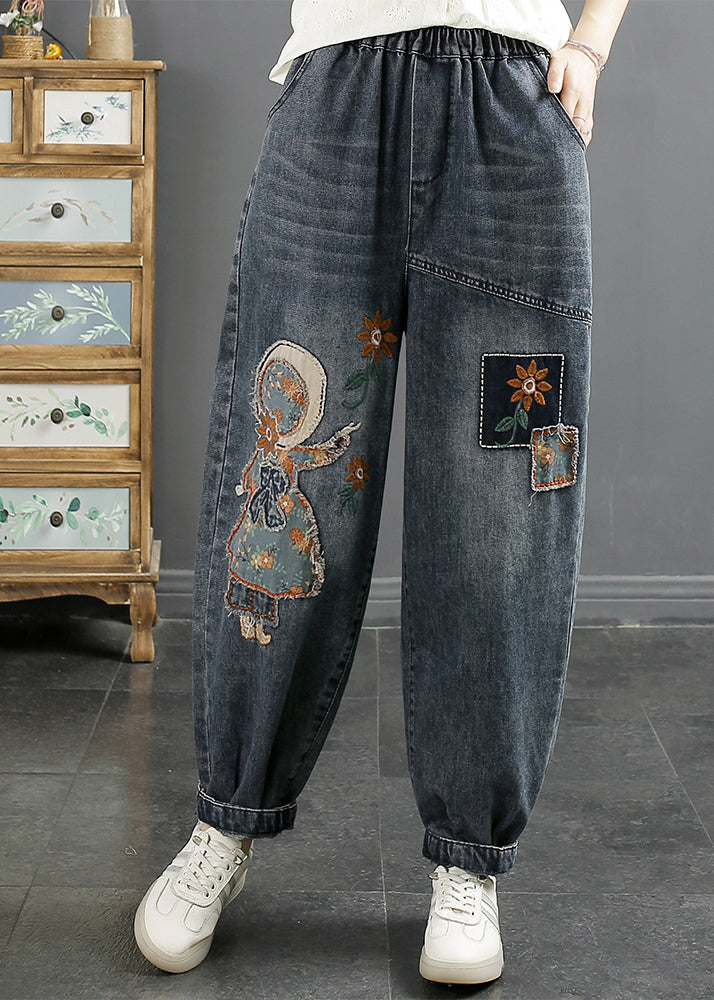 Women Navy Embroidered Applique Denim Harem Pants Winter