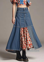 Women Navy High Waist Patchwork Denim A Line Skirts Spring