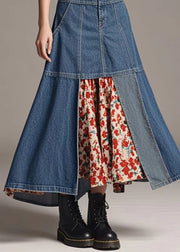 Women Navy High Waist Patchwork Denim A Line Skirts Spring