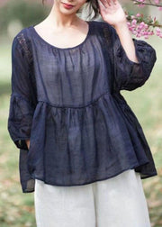 Women Navy Hollow Out Embroideried Patchwork Linen Tops Summer