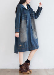 Women Navy Hooded Pockets Patchwork Denim Dresses Spring