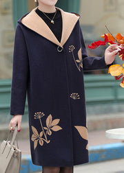 Women Navy Jacquard Zircon Hooded Woolen Coat Spring