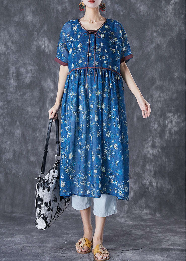 Women Navy Lace Up Tie Dye Linen Dresses Summer