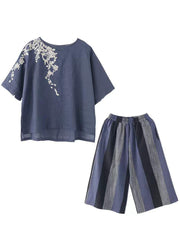 Women Navy O-Neck Embroideried Striped Linen Tops And Straight Pants Two Pieces Set Short Sleeve