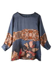 Women Navy O Neck Print Patchwork Silk Tops Fall