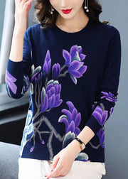 Women Navy O Neck Print Wool Knit Sweaters Long Sleeve