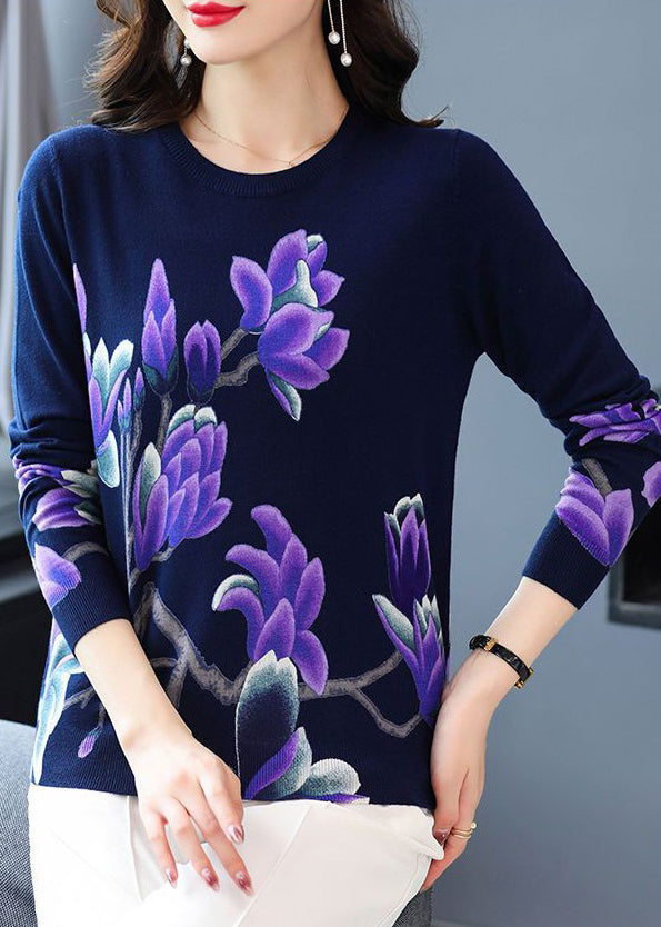 Women Navy O Neck Print Wool Knit Sweaters Long Sleeve