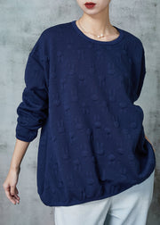 Women Navy Oversized Jacquard Cotton Pullover Sweatshirt Spring