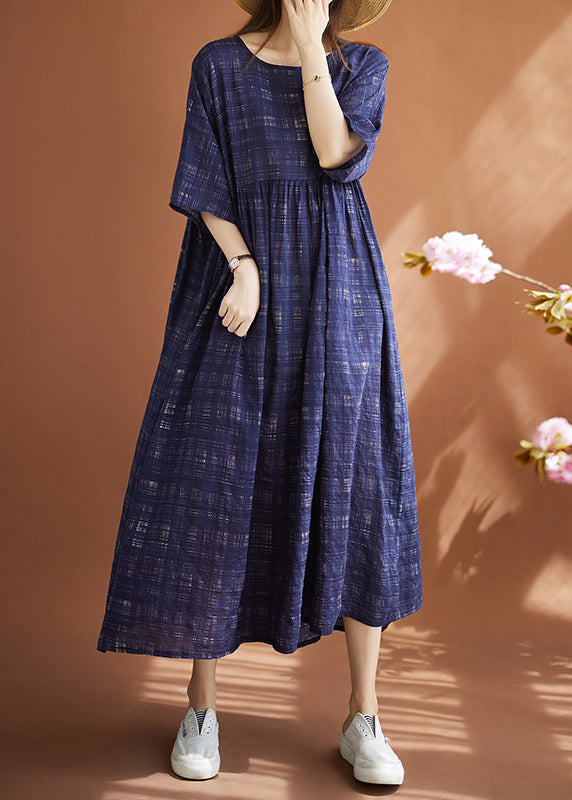 Women Navy Oversized Plaid Linen Maxi Dresses Summer