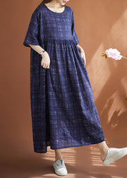 Women Navy Oversized Plaid Linen Maxi Dresses Summer