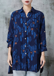 Women Navy Oversized Print Cotton Blouses Spring