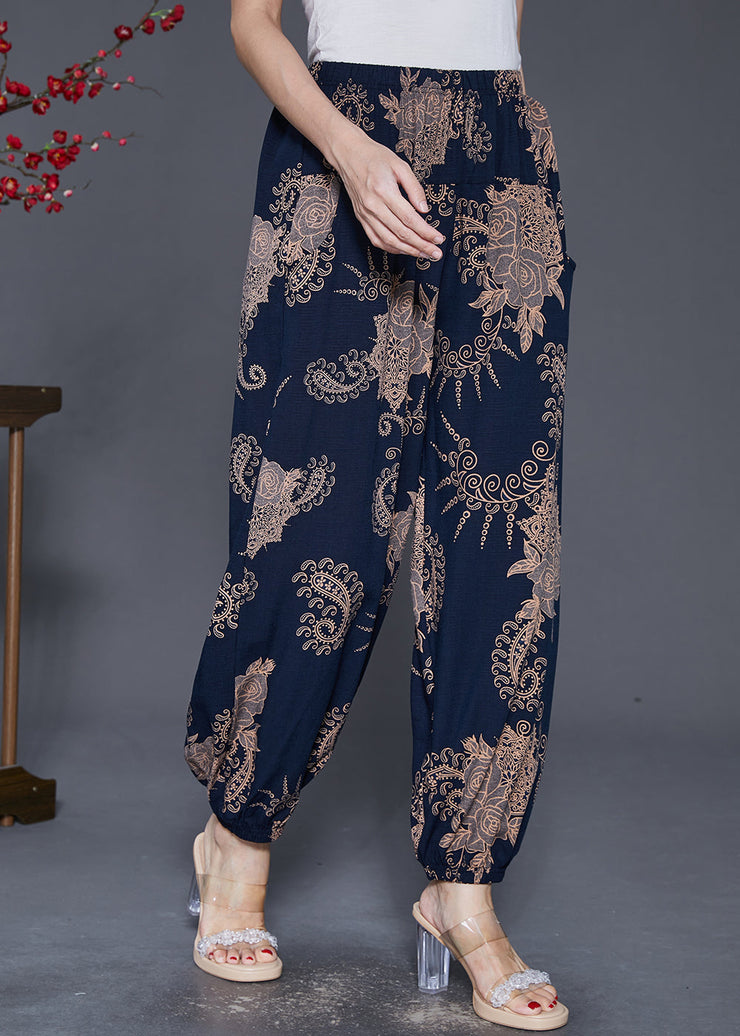 Women Navy Oversized Print Cotton Lantern Pants Fall