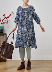 Women Navy Oversized Print Linen Dress Fall