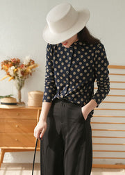 Women Navy Peter Pan Collar Dot Print Cotton Shirt Tops Fall