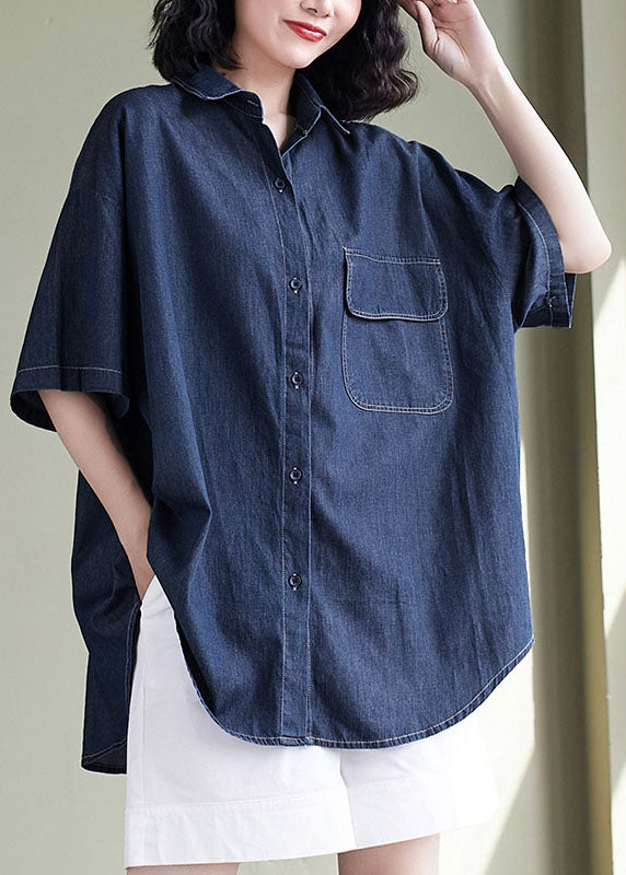 Women Navy Peter Pan Collar Patchwork Denim Shirt Top Summer