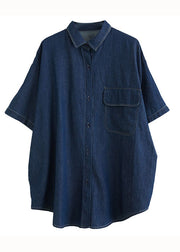 Women Navy Peter Pan Collar Patchwork Denim Shirt Top Summer