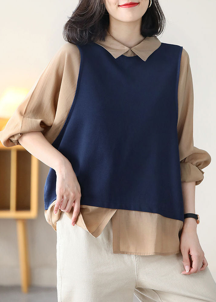 Women Navy Peter Pan Collar Patchwork Fake Two Piece Cotton Shirt Top Long Sleeve