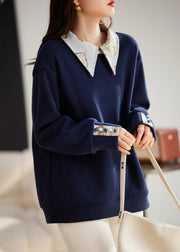 Women Navy Peter Pan Collar Patchwork Warm Fleece Pullover Tops Winter