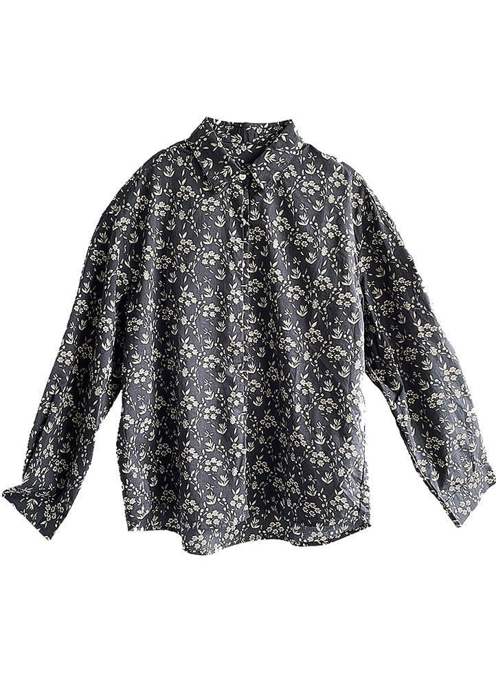 Women Navy Peter Pan Collar Print Cotton Shirt Top Fall