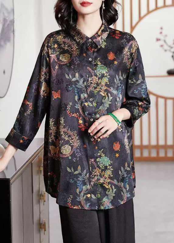 Women Navy Print Button Patchwork Silk Shirt Tops Fall