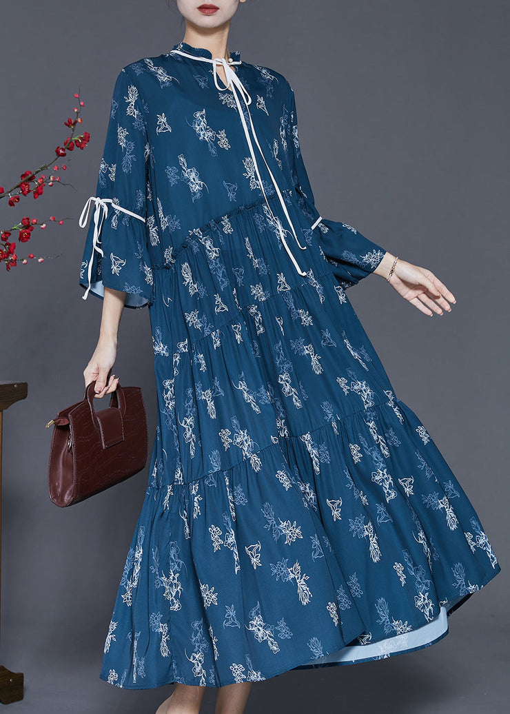 Women Navy Print Exra Large Hem Cotton Dresses Spring