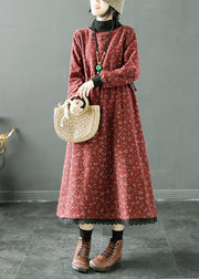 Women Navy Print Lace Up Patchwork Fleece Long Dress Winter