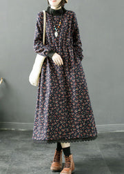 Women Navy Print Lace Up Patchwork Fleece Long Dress Winter