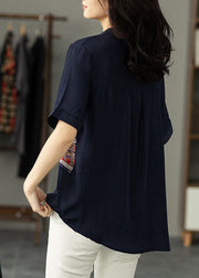 Women Navy Print Zircon Patchwork Cotton Shirt Tops Summer