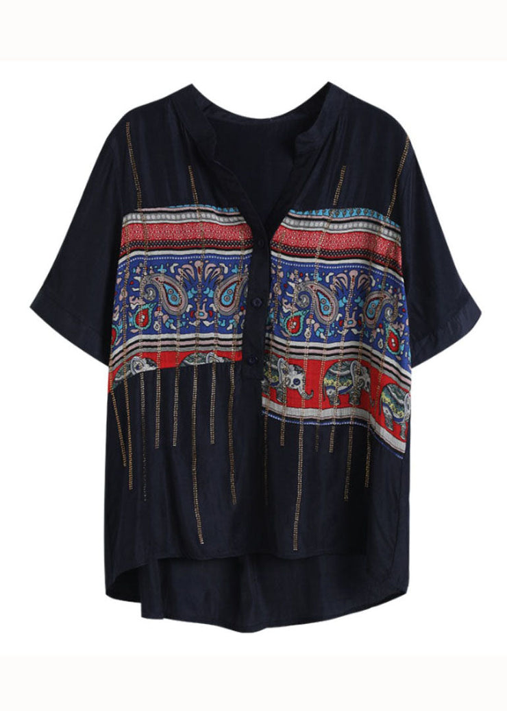 Women Navy Print Zircon Patchwork Cotton Shirt Tops Summer