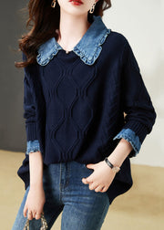 Women Navy Ruffled Patchwork False Two Pieces Cotton Knit Top Long Sleeve