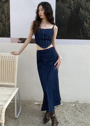 Women Navy Slim Fit Patchwork Denim Tops And Skirts Two Pieces Set Summer