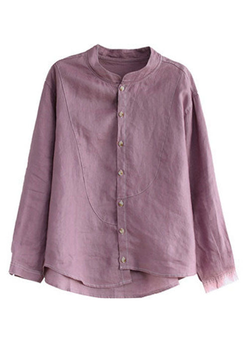 Women Navy Stand Collar Asymmetrical Patchwork Linen Shirt Top Long Sleeve