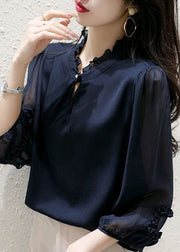 Women Navy Stand Collar Ruffled Patchwork Silk Top Spring