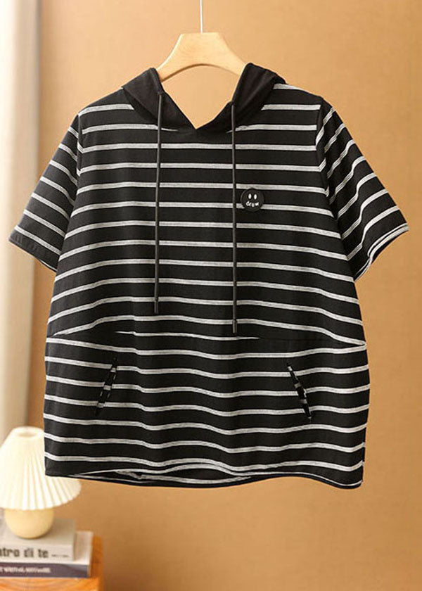 Women Navy Striped Drawstring Hooded Cotton Pullover Streetwear Short Sleeve