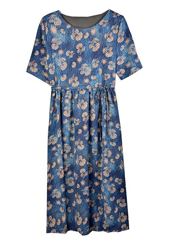 Women Navy Tie Waist Print Silk Robe Dresses Summer