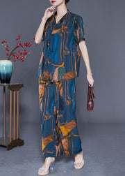 Women Navy V Neck Asymmetrical Print Silk Two Pieces Set Summer