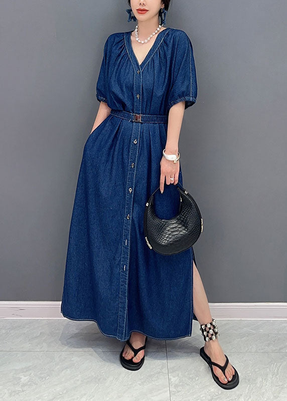 Women Navy V Neck Tie Waist Side Open Patchwork Denim Dress Summer