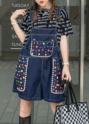 Women Navy Zircon Patchwork Denim Spaghetti Strap Jumpsuits Shorts Summer