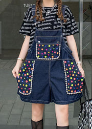 Women Navy Zircon Patchwork Denim Spaghetti Strap Jumpsuits Shorts Summer