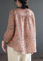 Women Neck Tie Ruffled Print Low High Design Linen Shirt Long Sleeve