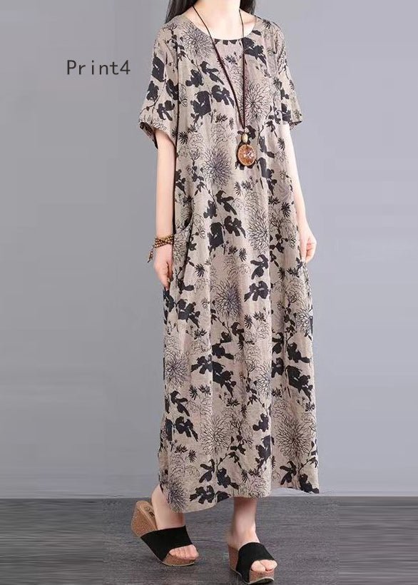 Women O Neck Print Patchwork Cotton Long Dresses Summer