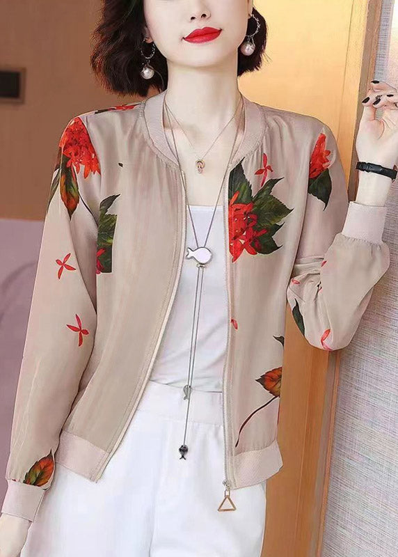 Women O-Neck Print Zippered Chiffon Sunscreen Coats Summer