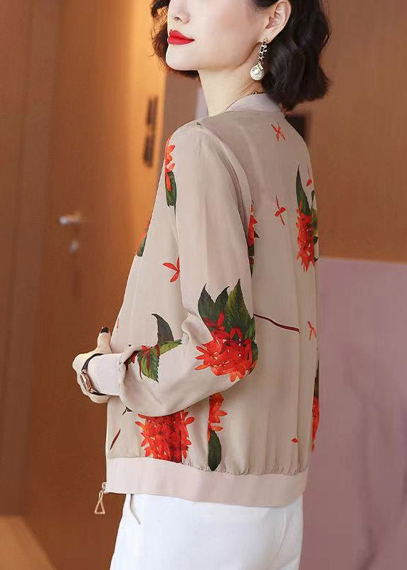 Women O-Neck Print Zippered Chiffon Sunscreen Coats Summer