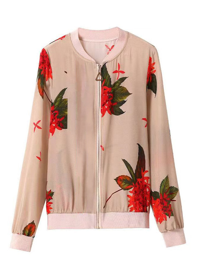 Women O-Neck Print Zippered Chiffon Sunscreen Coats Summer