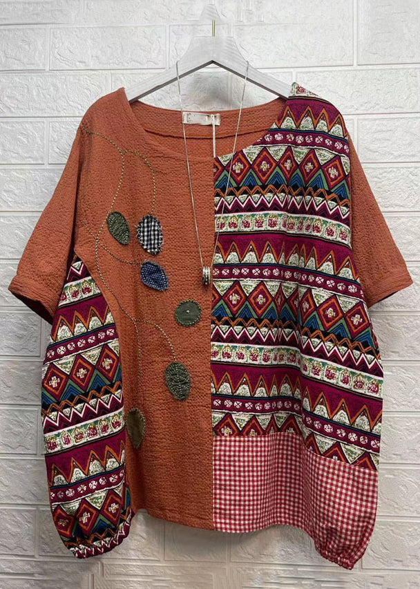 Women Orange Asymmetrical Print Patchwork Cotton T Shirts Top Summer